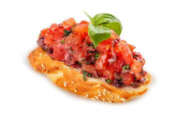 Bruschetta with chopped tomatoes, pickled onions and basil. Vegetarian dish. Isolated image on a white background.