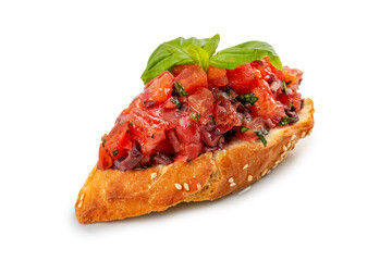 Bruschetta with chopped tomatoes, pickled onions and basil. Vegetarian dish. Isolated image on a white background.