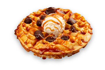 Round Belgian waffle, with ice cream and cocoa balls. On a decorative plate.  Isolated