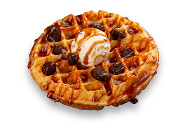 Round Belgian waffle, with ice cream and cocoa balls. On a decorative plate.  Isolated