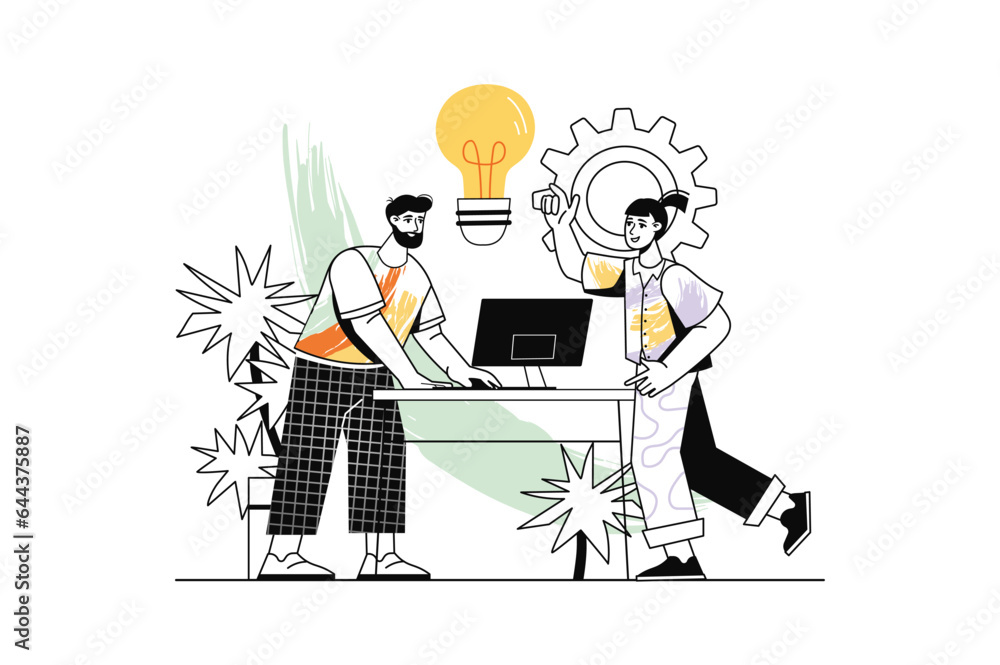 Poster brainstorm linear concept with people scene in the flat cartoon design. the business team brainstorm