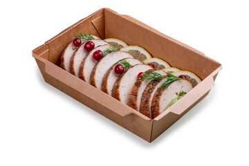 Packaged chicken roll for takeaway. Takeaway food. Isolated on a white background.