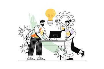 Brainstorm linear concept with people scene in the flat cartoon design. The business team brainstormed to get the best result as quickly as possible. Vector illustration.