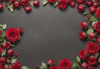 Blooming flowers spring background banner red rose frame on dark black concrete table.
