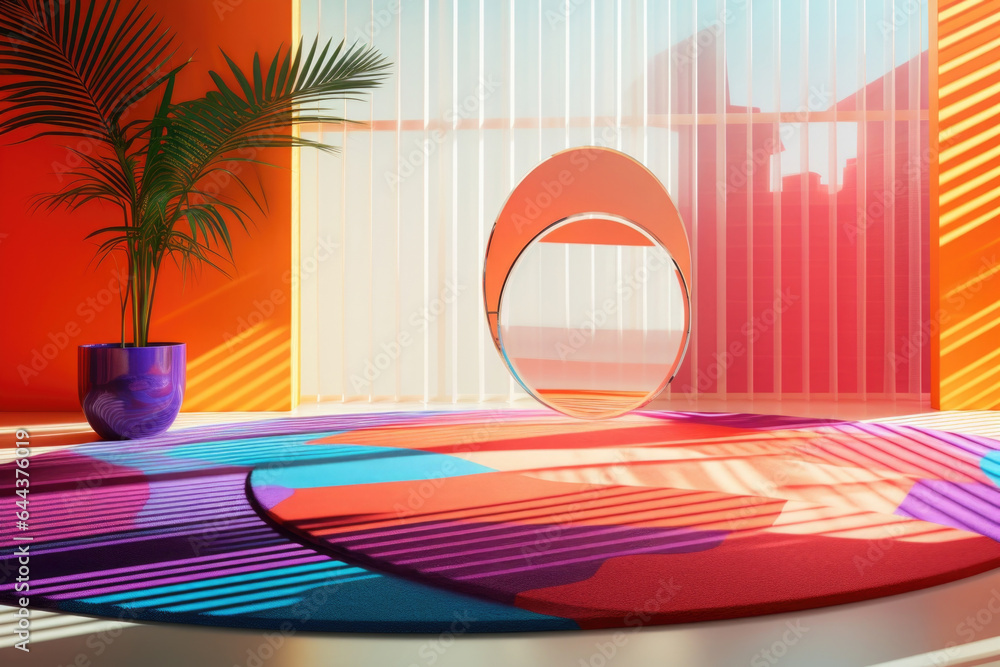 Poster a retrofuturistic setting inspired by a vibrant summer day. sunlight pours through a window covered 