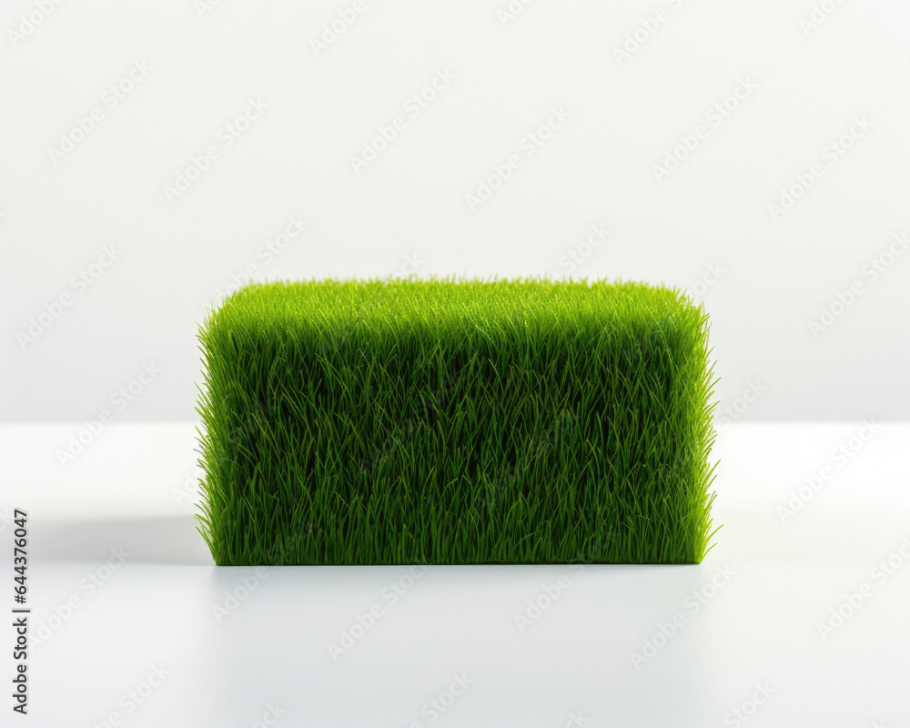Poster a minimalist scene featuring a patch of emerald green artificial grass against a white backdrop. the