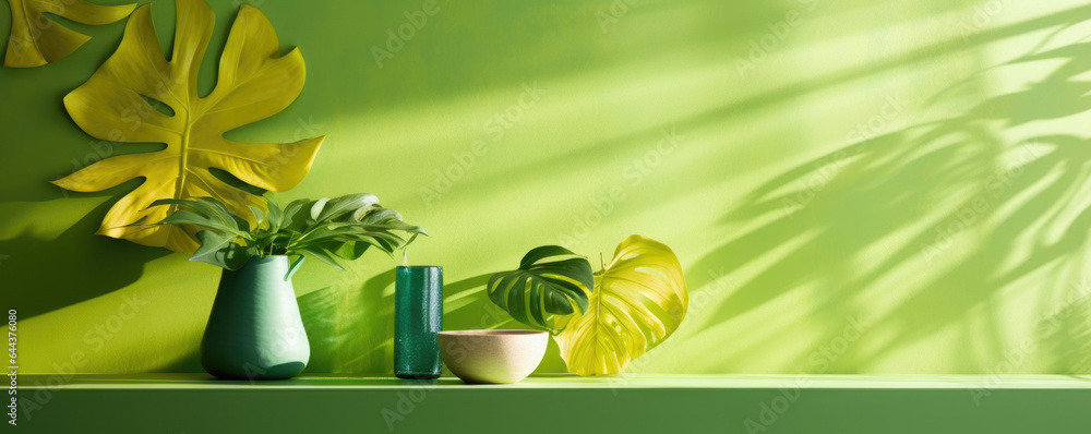 Poster a vibrant green background with sunlight filtering through leaves, creating dappled patterns on the 