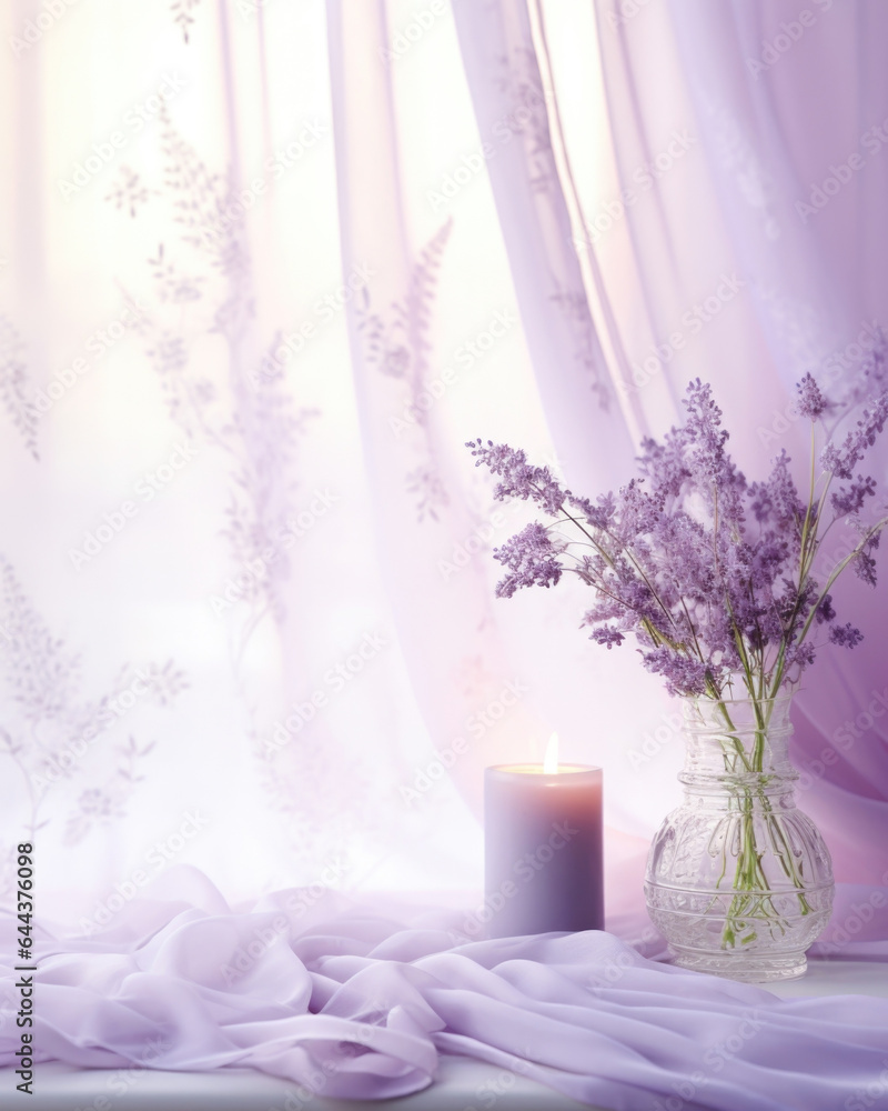 Poster a subtle lavender background with a soft, diffused light filtering through lace curtains. the shadow