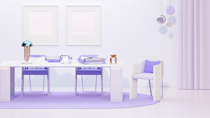Interior design of pastel purple living room with big table, frame , interior concept of memphis design, Concept of minimalist design. Creative idea. Mock up. 3d rendering
