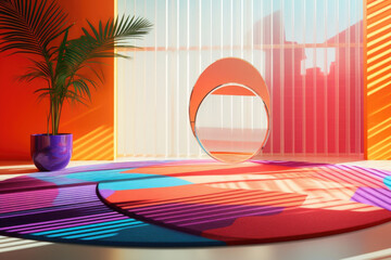 A retrofuturistic setting inspired by a vibrant summer day. Sunlight pours through a window covered by colorful, translucent blinds, casting playful and intricate shadow patterns on a