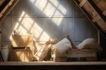 Fototapeta na wymiar A farmhouse attic is bathed in a soft, diffused light on a rainy day. The light streams through a weathered skylight, painting delicate shadows on vintage crates and antique trinkets.