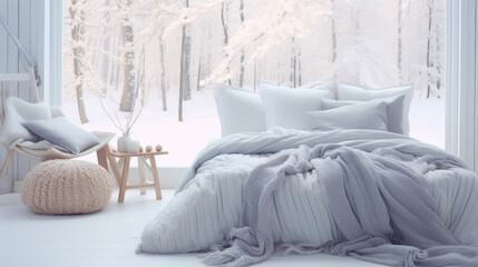 A winterinspired Scandinavian bedroom with a gentle light background. Soft daylight streams through snowcovered trees outside the window, creating a cool blueish hue in the room. The cozy