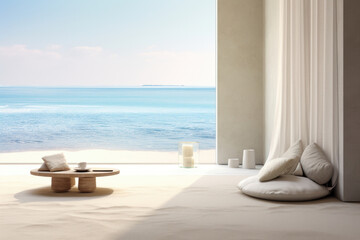 Fototapeta na wymiar An ethereal scene of a zen gentle light background in a coastal setting. The window overlooks a serene beach, and the gentle sunlight reflects off the water, creating a dreamy atmosphere.