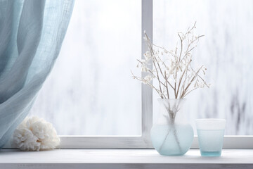  A cozy scene presenting a water gentle light background during the winter season. The window pane is frosted, and delicate icy patterns are cast as intricate shadows.