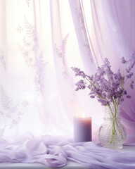 A subtle lavender background with a soft, diffused light filtering through lace curtains. The shadows create a delicate and romantic ambiance, making it perfect for presenting elegant