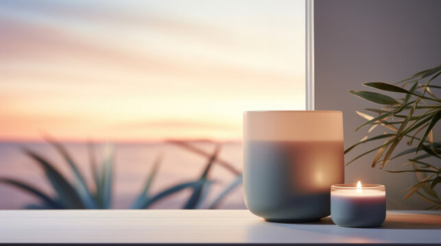 A dramatic scene of a zen gentle light background in the evening. The dimmed twilight sky outside the window creates a dusky ambiance, while a single candle flickers on the sill. The soft