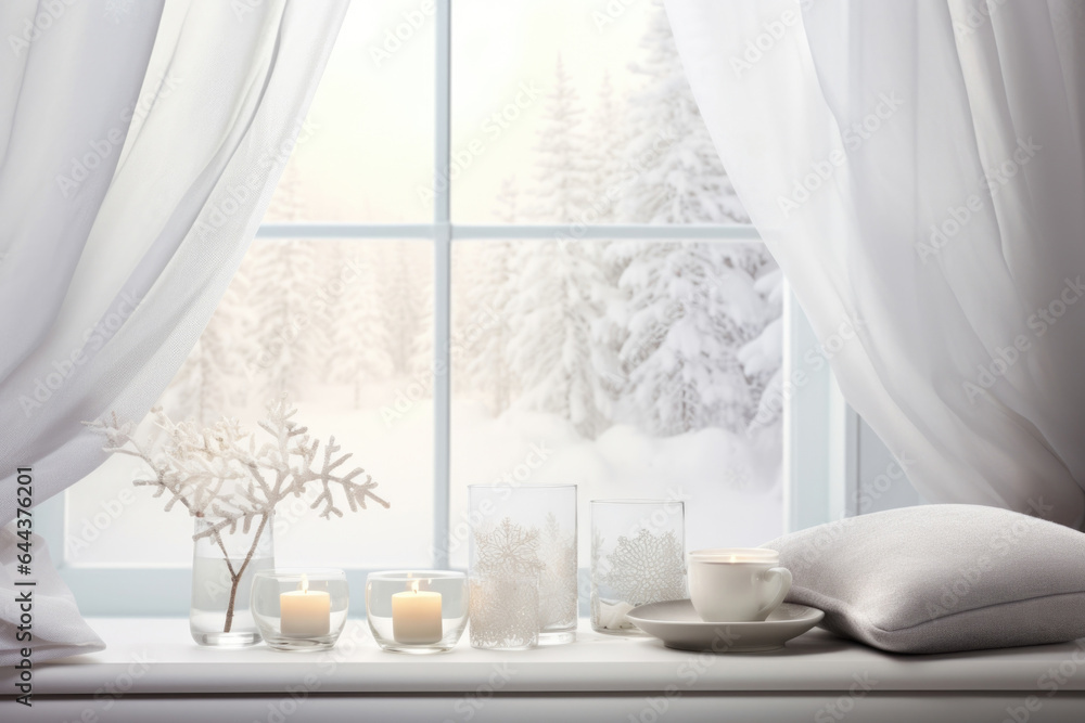 Poster a serene winterinspired setting featuring a light gray background and delicate snowflakes falling ou