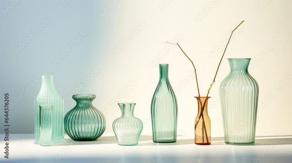 Poster a captivating scene featuring a selection of glass vases on a translucent minimalistic light backgro