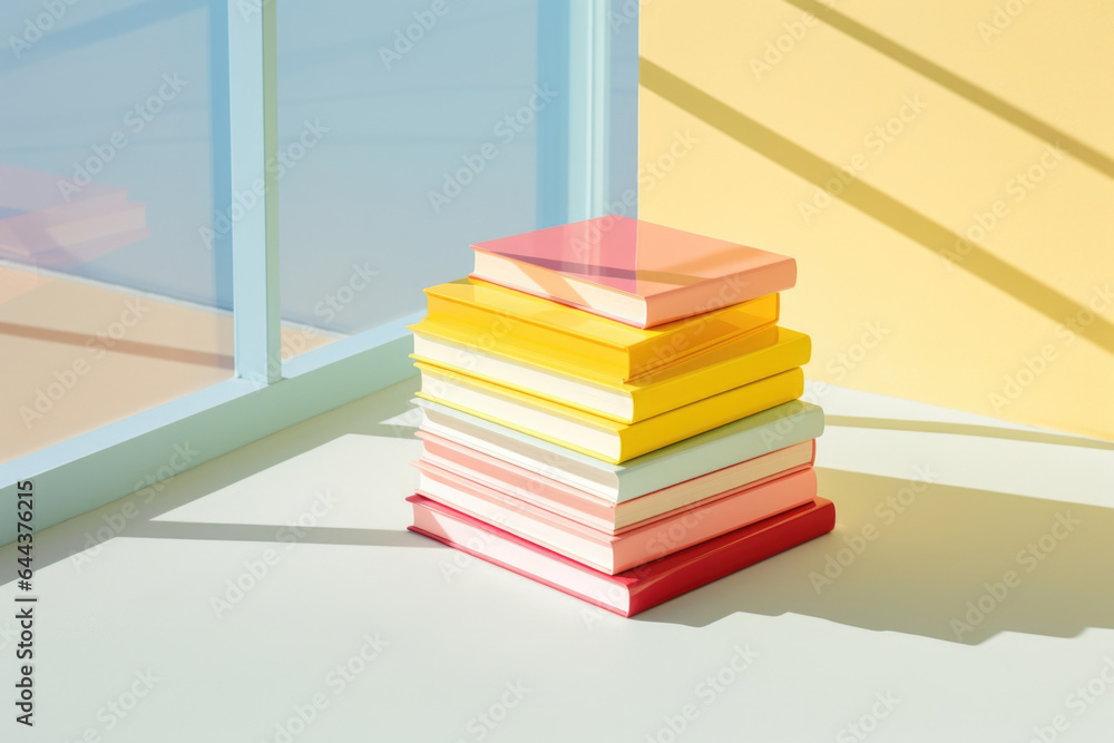 Poster a vibrant and energetic scene showcasing a stack of colorful notebooks on a bright minimalistic ligh