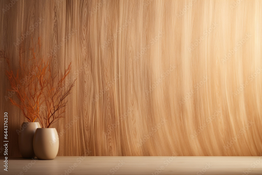 Poster a minimalistic abstract background in warm earth tones, showcasing a wooden wall adorned with intric