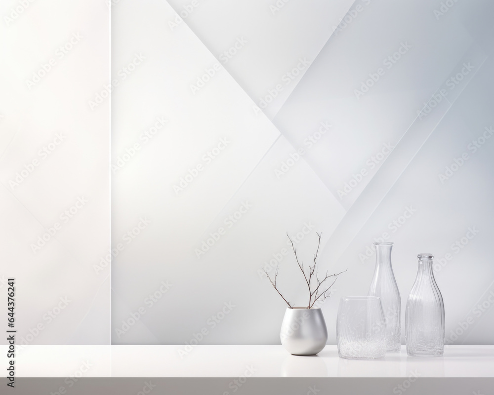 Poster A minimalistic abstract background featuring a monochromatic grayscale palette, with soft light dappling through frosted glass. The intricate geometric patterns on the glass create an