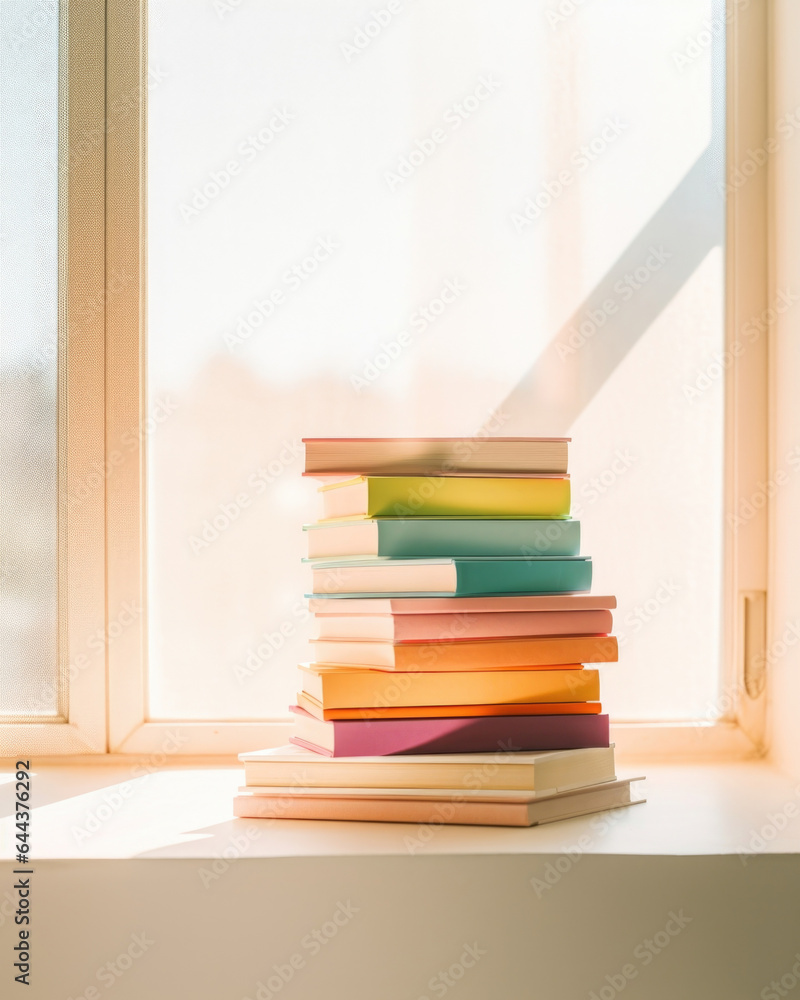 Poster an scene of a stack of colorful books p near a windowsill, where the sunlight seeps in, casting a gr