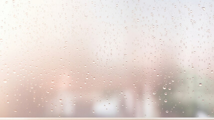 Fototapeta premium This minimalistic abstract background presents a view of a window covered in raindrops, with soft natural light illuminating through them. The mixture of cool and warm tones creates a