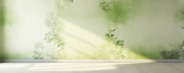 A minimalistic abstract background in soft shades of green, reminiscent of a lush summer landscape. The golden sunlight streaming through the window casts intricate leafy shadows onto