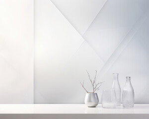 A minimalistic abstract background featuring a monochromatic grayscale palette, with soft light dappling through frosted glass. The intricate geometric patterns on the glass create an