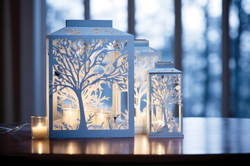 A whimsical winter scene sets the stage for a product presentation, featuring a window bathed in a soft blue light from the twilight hour. The delicate shadows fall across a stack of handmade