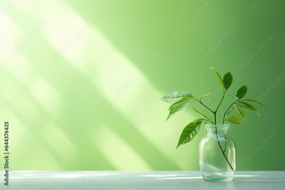 Poster a lush green backdrop symbolizing the arrival of spring. the soft light from the window casts intric