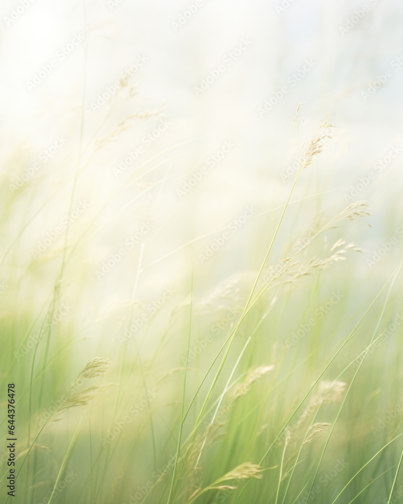 Poster a dreamy scene displaying a soft and ethereal light background of a meadow covered in mist. the sunl