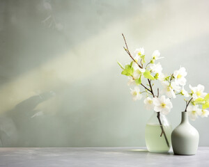 A springthemed scene featuring a concrete background in shades of pale green, reminiscent of fresh growth. The gentle light that streams in from the window creates intricate shadows, resembling