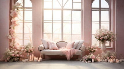 Fototapeta premium A soft pink tone sets the stage for a romantic and dreamy ambiance. The gentle light from the window casts intricate and whimsical shadows, giving the background a touch of enchantment