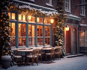 Fototapeta na wymiar A charming cafe in a historic town glows invitingly on a snowy evening. Warm light spills from the windows, creating a beautiful contrast against the pristine white snow