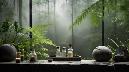 A tranquil jungle setting during the rainy season, with soft, diffused lighting filtering through the window. The raindrops on the glass cast a subtle distorted effect on a polished marble