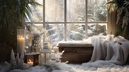 A winter jungle scene, with sp vegetation covered in a blanket of snow. Soft sunlight streams through frosted windowpanes, casting delicate shadows on a wooden podium. The juxtaposition