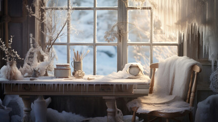 The soft light of a winter morning fills a cozy attic workspace through a frostcovered window pane. Delicate icicles fringe the edges, casting intricate patterns on a vintage wooden desk.