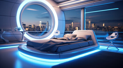 A futuristic  background reveals a hightech bedroom adorned with smart home features and sleek furniture. The light from a large window washes over the space, casting intricate shadow - obrazy, fototapety, plakaty