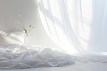 A peaceful bedroom with billowing, curtains swaying in the breeze as morning light seeps through,...