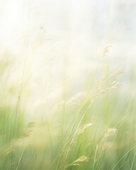  A dreamy scene displaying a soft and ethereal light background of a meadow covered in mist. The sunlight filters through the window, illuminating the mistcovered grass and