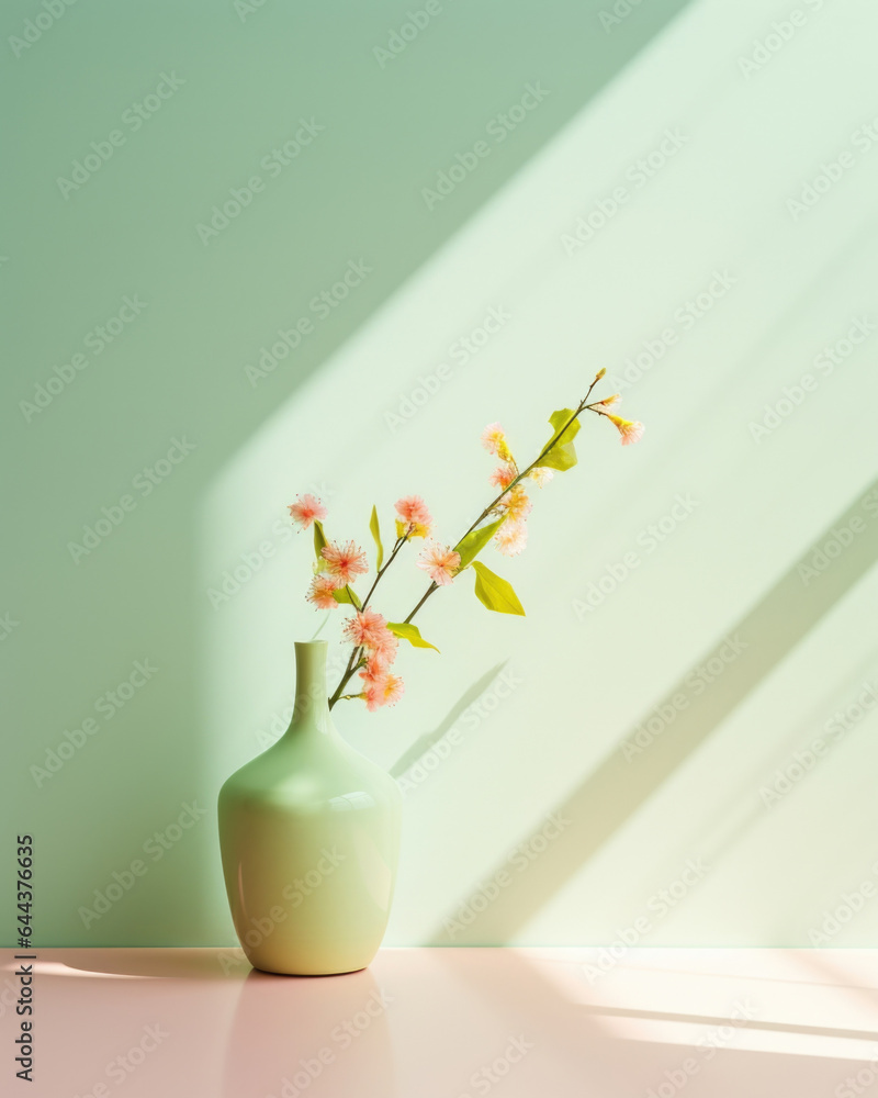 Poster an scene of a minimalist light background with a refreshing spring feeling, characterized by its vib