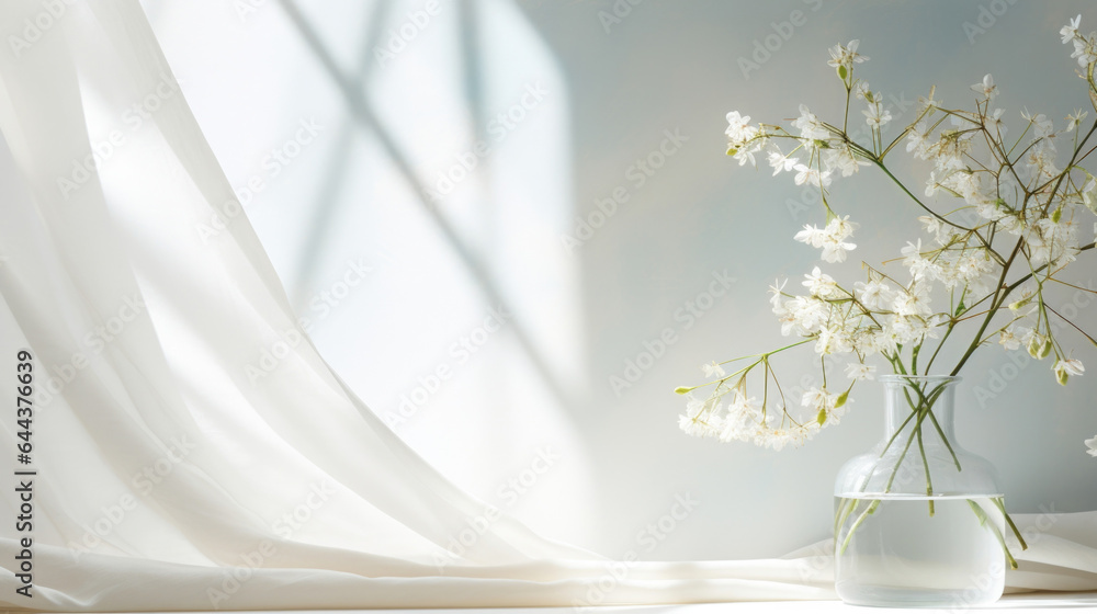 Poster a minimalistic background featuring a large window with curtains gently billowing in the breeze. the