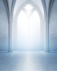 A minimalistic gray background with a subtle marble texture, accentuated by a gradient of cool blue light seeping through a stained glass window, casting intricate shadows reminiscent