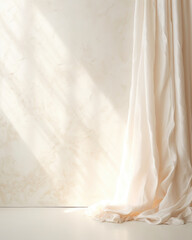  A minimalistic background featuring a textured, offwhite wall with light filtering through an elegant, lace curtain. The resulting shadows form intricate patterns on