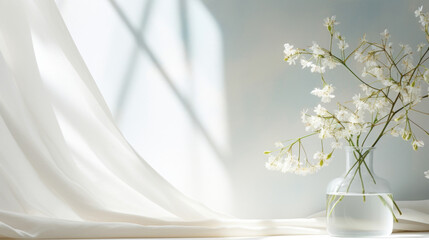  A minimalistic background featuring a large window with curtains gently billowing in the breeze. The light pouring through creates a play of shadows on a textured, linencovered