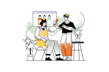 Tattoo salon linear concept with people scene in the flat cartoon design. The tattoo artist offers the client to choose a tattoo that she likes. Vector illustration.