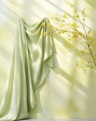 Heralding the arrival of spring, this scene showcases a minimalist background painted in soft pastel green and yellow tones. The delicate light filtering through an open window creates