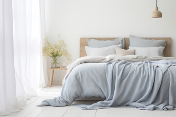 Fototapeta na wymiar A serene bedroom showcases a vintage wooden bed frame adorned with plush linen bedding. The morning light gently cascades through curtains, casting delicate, dappled