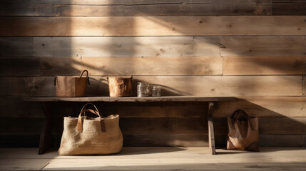  A rustic barn loft serves as a backdrop for a collection of handmade leather goods. The afternoon light streams through the weathered wooden beams, casting elegant shadows